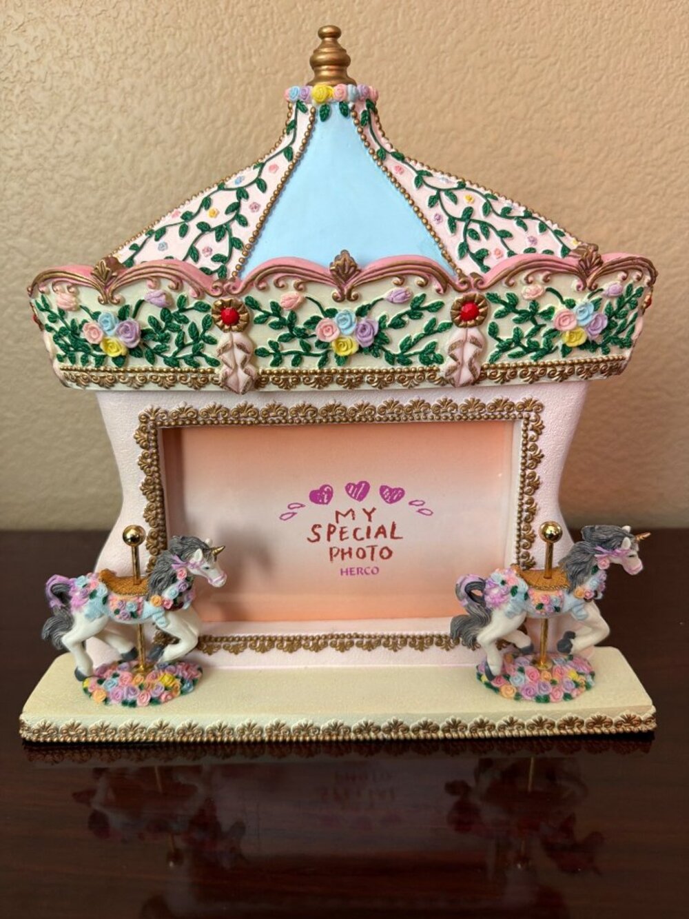 HERCO Carousel Unicorn Photo Frame Pastel Floral Roses Nursery Decor NOS